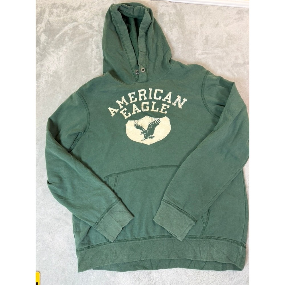 AMERICAN EAGLE Hoodie Mens Medium Green Vintage Eagle Graphic Pullover Fleece